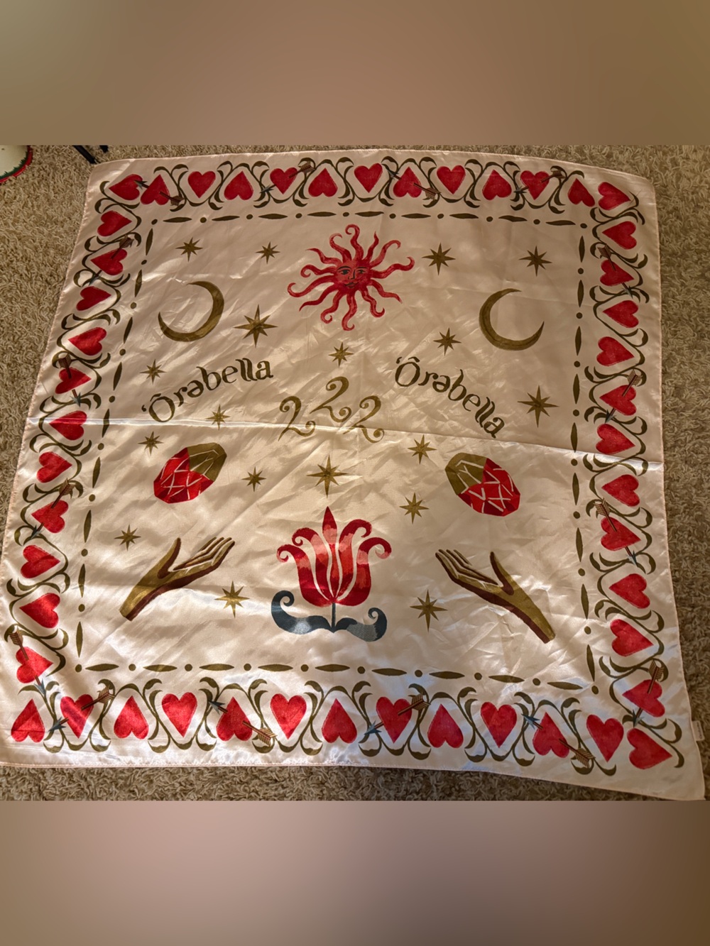 Ôrabella Celestial Tarot Polyester Square Scarf Red Gold Hearts Sun Moon 222